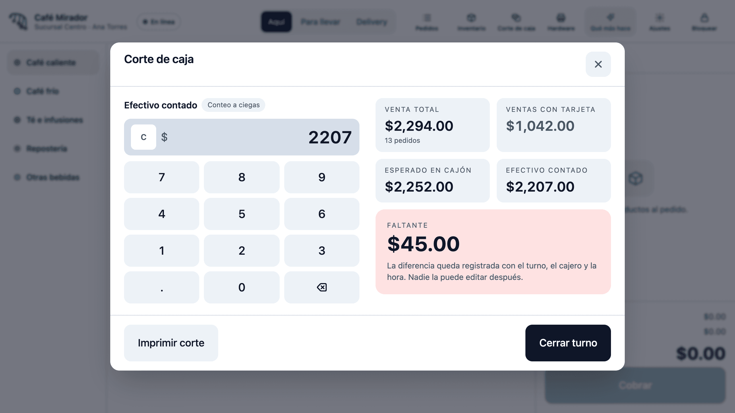 Cash count: counted cash, expected in drawer and the difference highlighted.