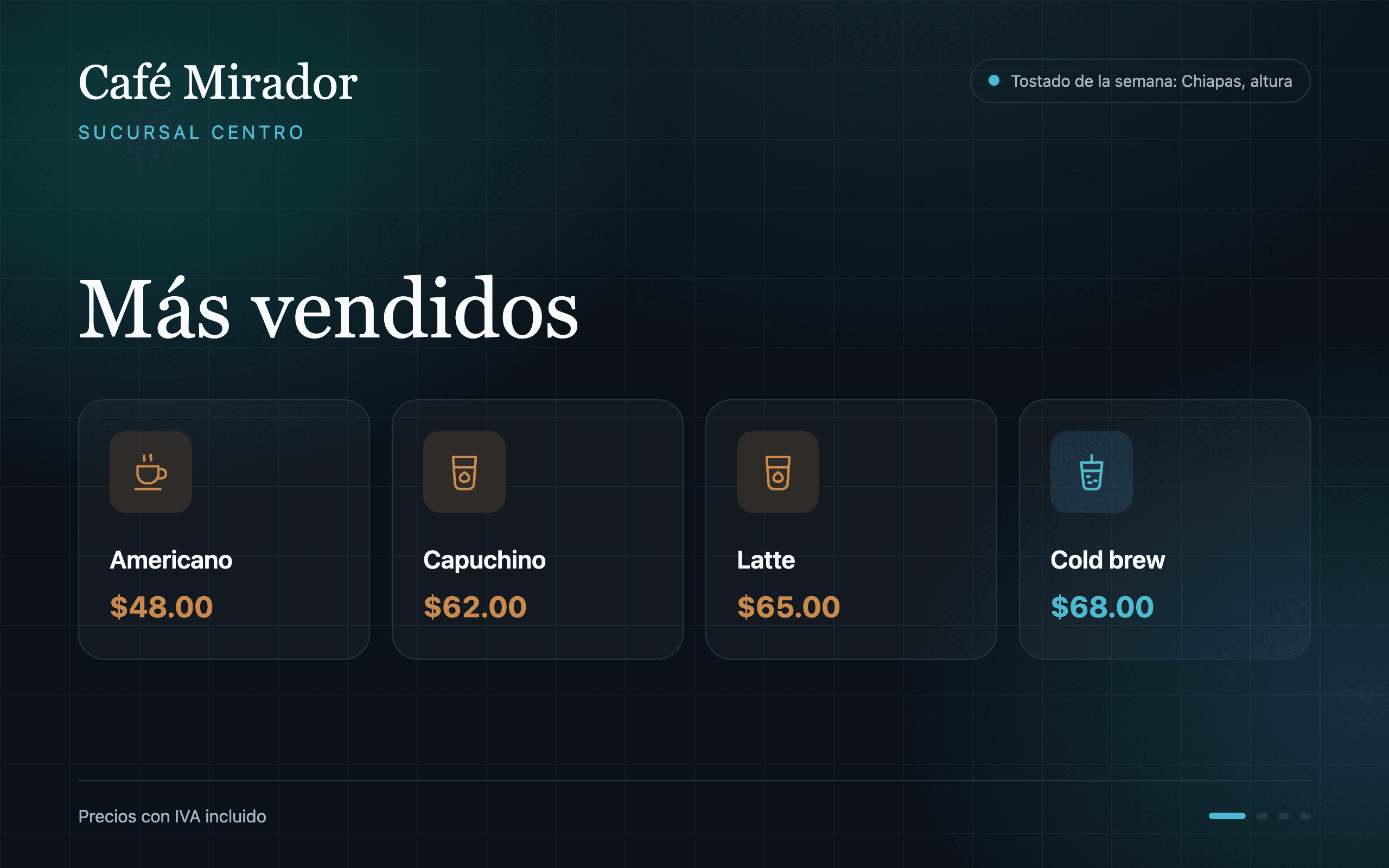 Pantalla del cliente en reposo, mostrando los productos más vendidos con sus precios.