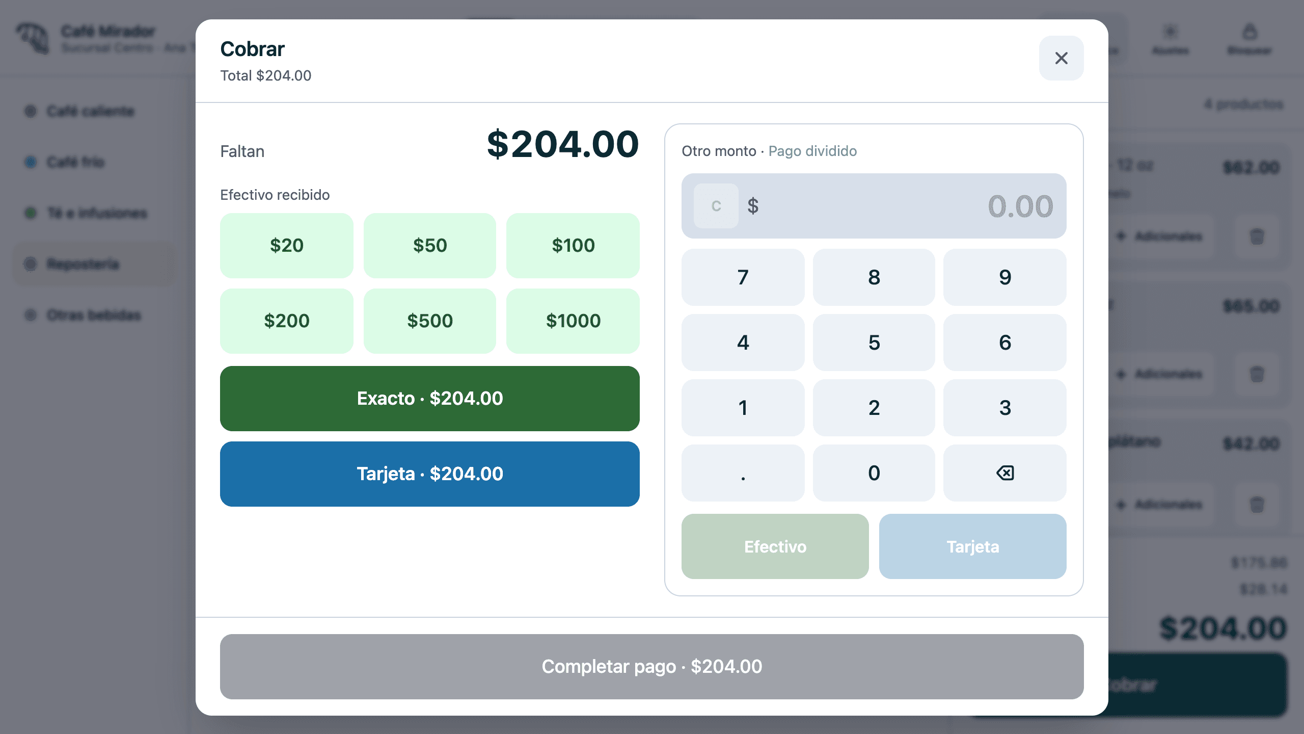 Pantalla de cobro: billetes de un toque, pago exacto, tarjeta y teclado para otros montos.